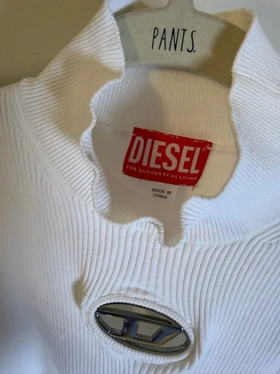 Diesel White Ribbed Mock Neck Tank with Silver Logo Accent - Picture 2 of 3